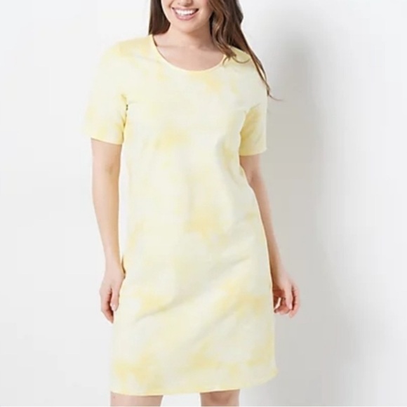 d&co NWT Regular French Terry Crystal Wash Tie-Dye T-Shirt Dress yellow size XL - Picture 1 of 7